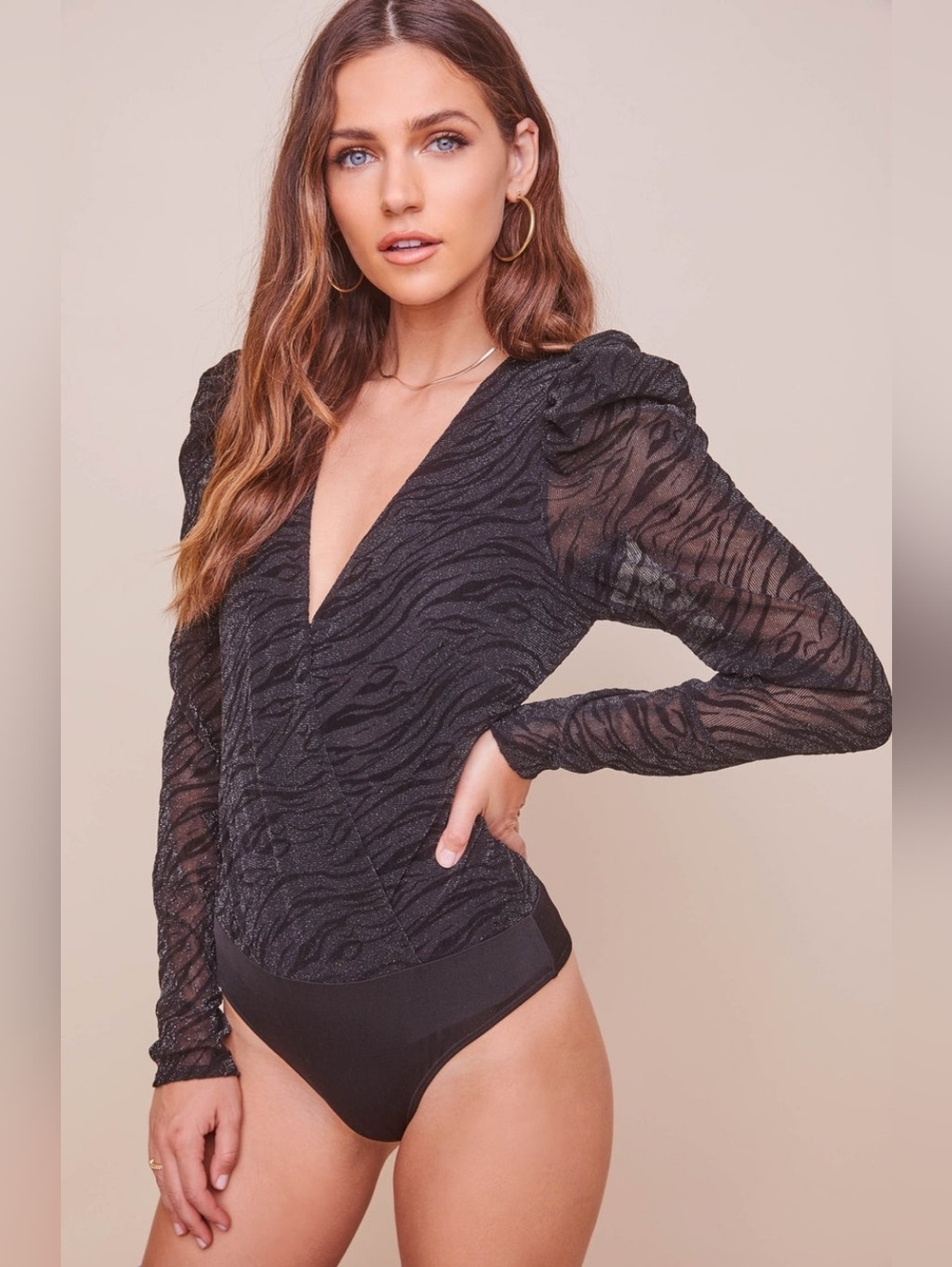 Astr Black Sheer Zebra-Texture V-Neck Bodysuit